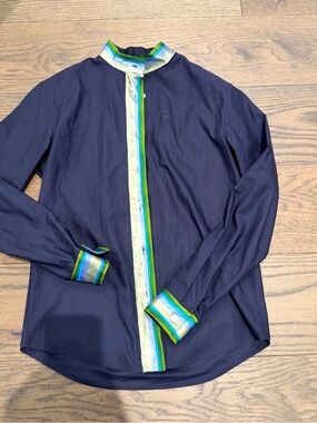 Rosie Assoulin Navy Shirt Jacket with Green and Light Blue Trim